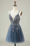 Spaghetti Straps Grey Blue Short Tulle A Line Homecoming Dress with Appliques Spaghetti Straps Grey Blue Short Tulle A Line Homecoming Dress with Appliques