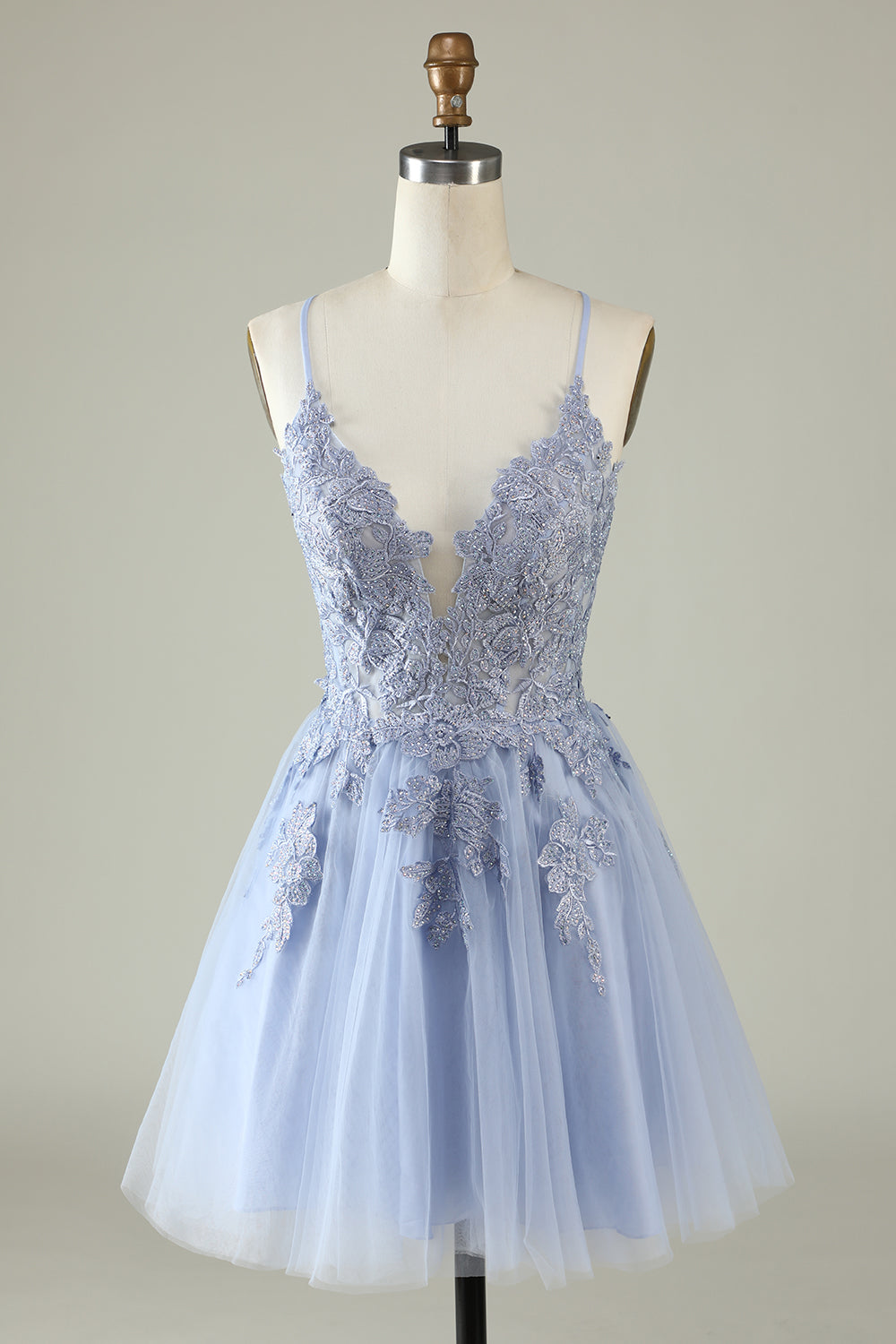 Spaghetti Straps Grey Blue Short Tulle A Line Homecoming Dress with Appliques Spaghetti Straps Grey Blue Short Tulle A Line Homecoming Dress with Appliques