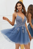 A Line Spaghetti Straps Dark Green Short Homecoming Dress with Appliques A Line Spaghetti Straps Dark Green Short Homecoming Dress with Appliques
