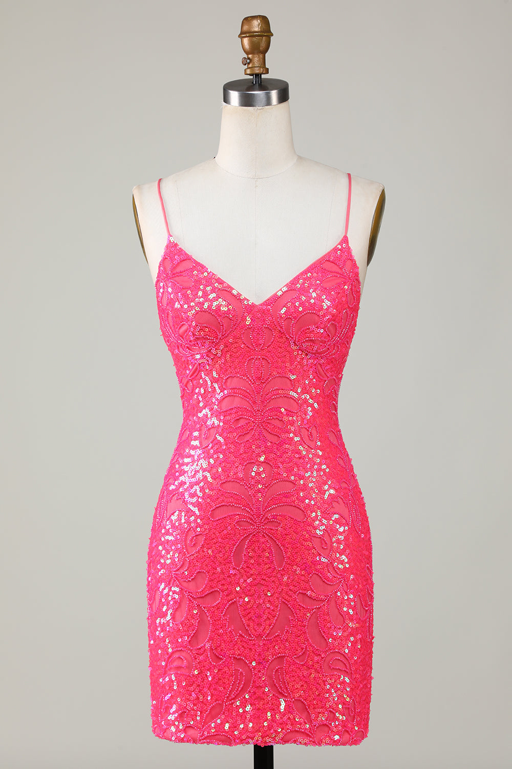 Zapaka Women Sparkly Fuchsia Beaded Tight Short Homecoming Dress Spaghetti Straps Backless Cocktail Dress, Fuchsia / US8 Zapaka Women Sparkly Fuchsia Beaded Tight Short Homecoming Dress Spaghetti Straps Backless Cocktail Dress, Fuchsia / US8
