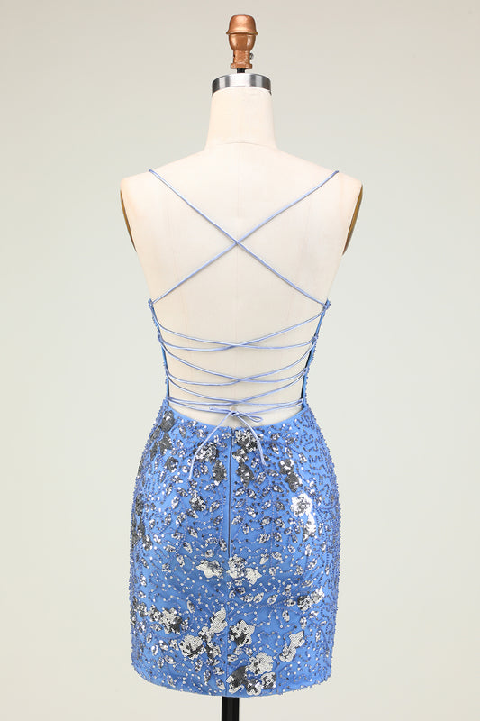 Stylish Bodycon Spaghetti Straps Blue Short Homecoming Dress with Sequins