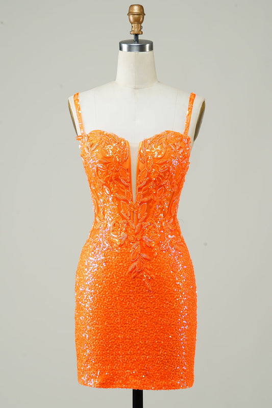 Zapakasa Women Glitter Orange Tight Homecoming Dress with Beaded Spaghetti Straps Cocktail Dress