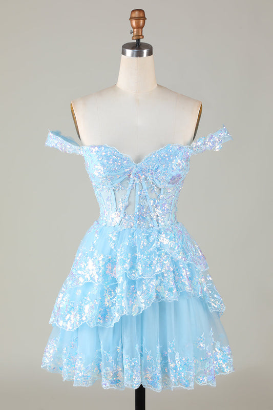 Sparkly Blue A-Line Short Homecoming Dress Off the Shoulder Corset Lace Homecoming Dress