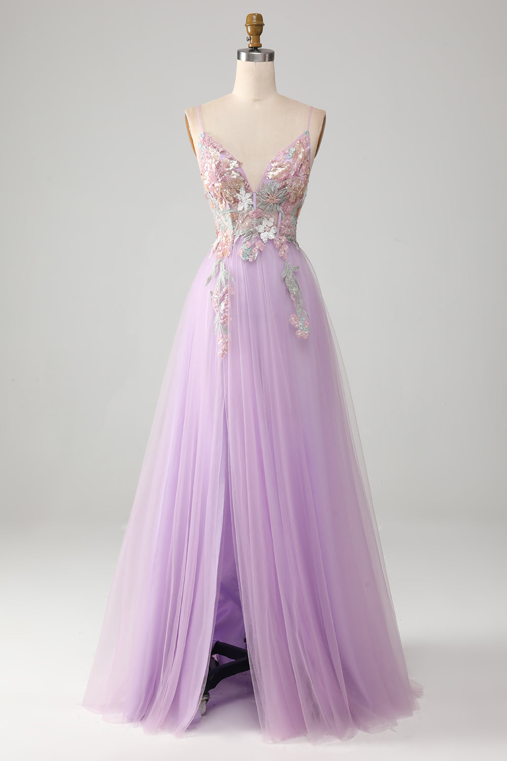 Zapakasa Women Lilac Long Prom Dress Glitter A-Line Spaghetti Straps Formal Dress with Flowers, Lilac / US14 Zapakasa Women Lilac Long Prom Dress Glitter A-Line Spaghetti Straps Formal Dress with Flowers, Lilac / US14