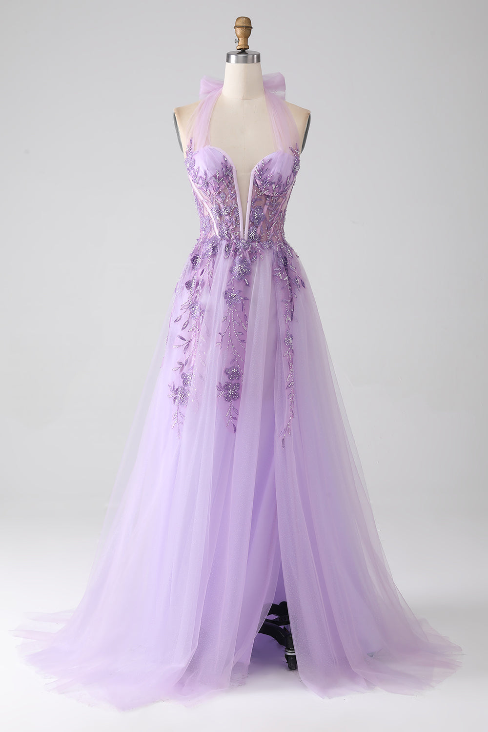 Zapakasa Women Grey Purple A-Line Halter Neck Beaded Long Prom Dress with Appliques Zapakasa Women Grey Purple A-Line Halter Neck Beaded Long Prom Dress with Appliques
