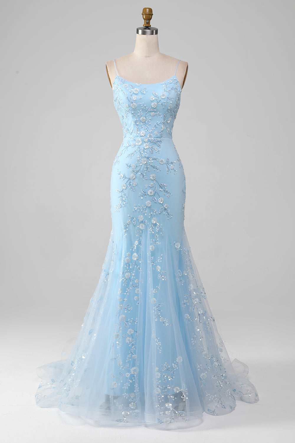 Zapakasa Women Sparkly Light Blue Beaded Mermaid Long Prom Dress Spaghetti Straps Formal Dress Zapakasa Women Sparkly Light Blue Beaded Mermaid Long Prom Dress Spaghetti Straps Formal Dress