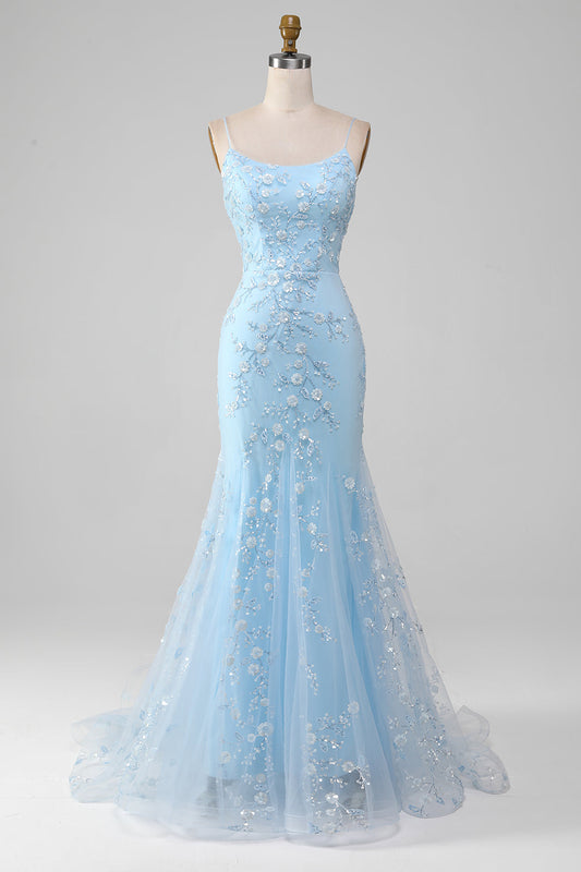 Elegant Blue Prom Dress with Lace Mermaid Floral Pageant Dress with