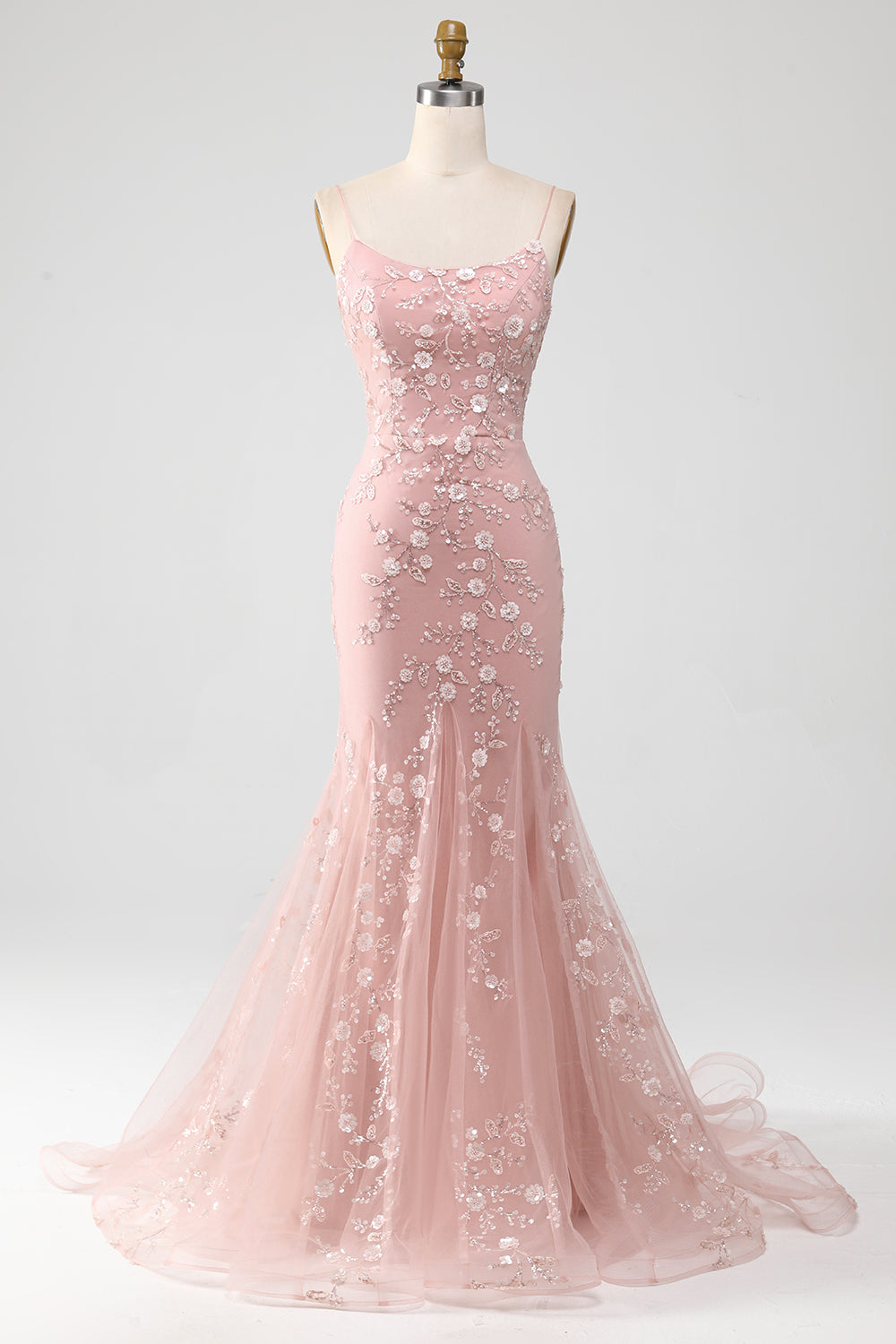 Zapakasa Women Sparkly Blush Mermaid Long Prom Dress Spaghetti Straps Floral Lace Tulle Party Dress with Appliques Zapakasa Women Sparkly Blush Mermaid Long Prom Dress Spaghetti Straps Floral Lace Tulle Party Dress with Appliques