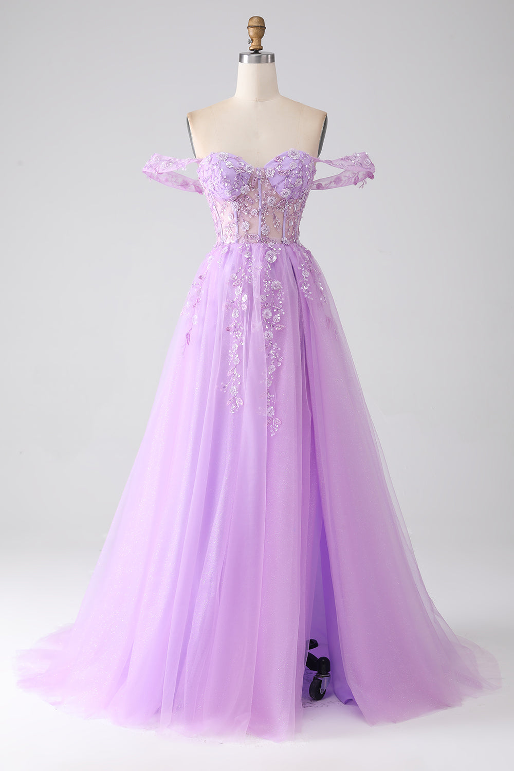 off the shoulder lilac prom dress Lilac Tulle A-line Off Shoulder Long Prom Dresses With Lace Appliques, MP924