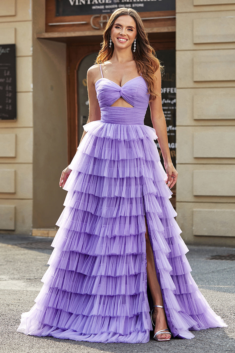 Zapakasa Women Purple Tulle A-Line Tiered Long Prom Dress with Slit Spaghetti Straps Cut Out Formal Dress Zapakasa Women Purple Tulle A-Line Tiered Long Prom Dress with Slit Spaghetti Straps Cut Out Formal Dress