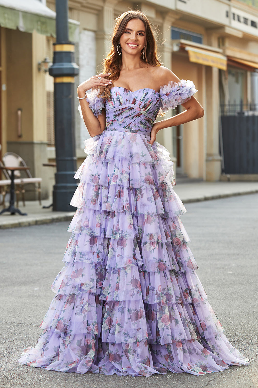 Zapakasa Women Off the Shoulder Floral Printed Tiered Prom Dress with Pleated A Line Tulle Formal Dress Zapakasa Women Off the Shoulder Floral Printed Tiered Prom Dress with Pleated A Line Tulle Formal Dress