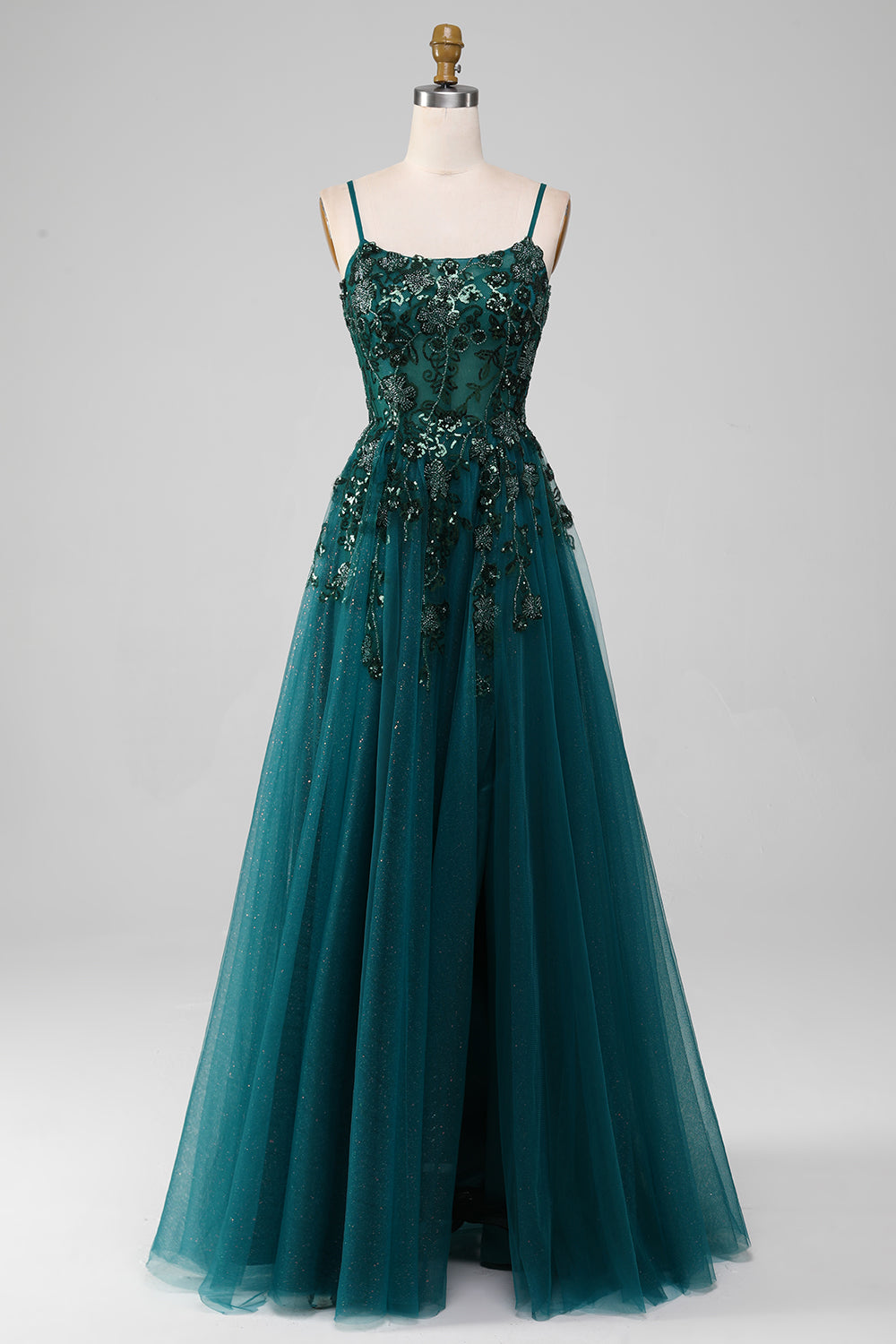 Zapakasa Women Dark Green Prom Dress Tulle Spaghetti Straps A Line Evening Dress with Slit Zapakasa Women Dark Green Prom Dress Tulle Spaghetti Straps A Line Evening Dress with Slit