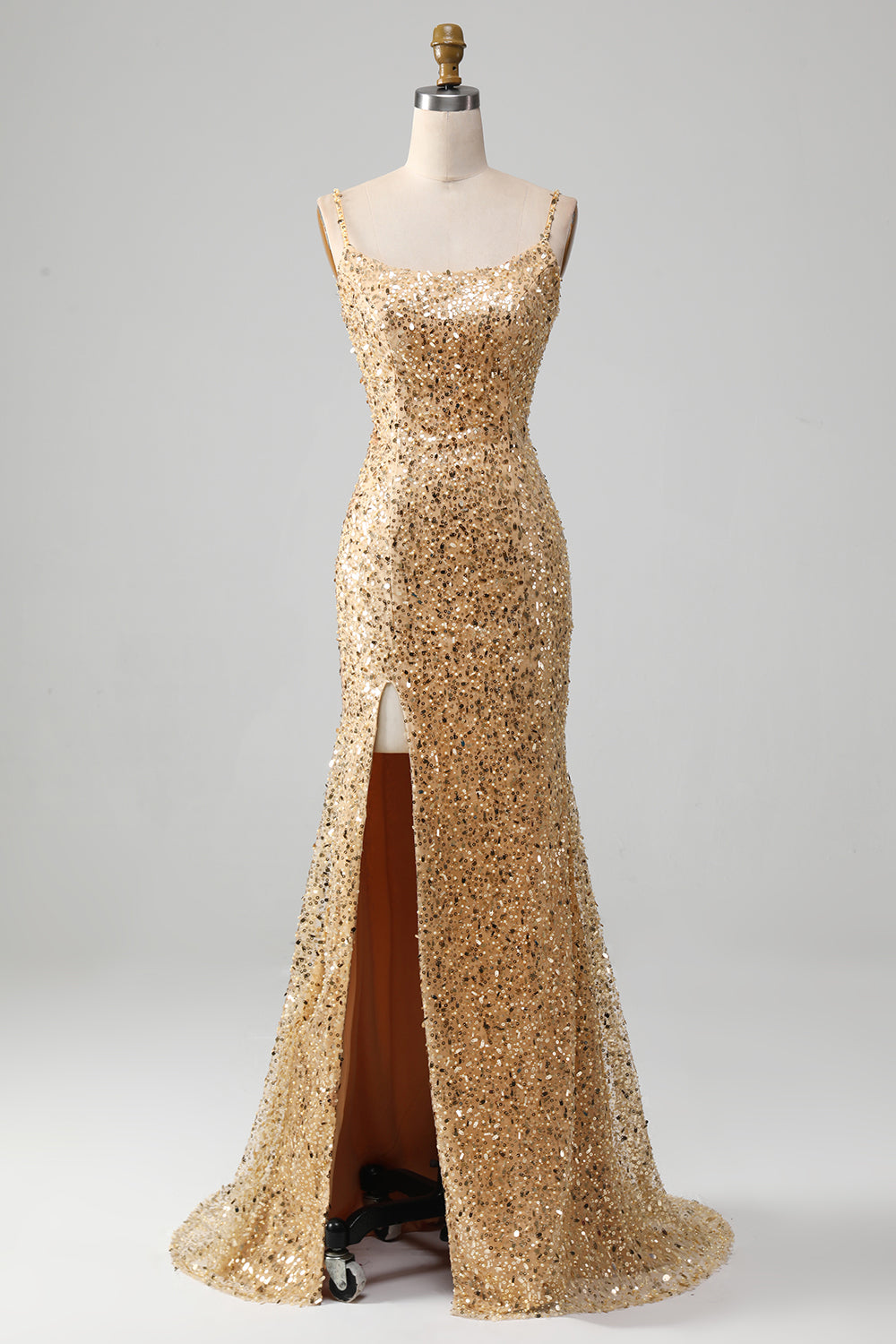 Zapakasa Women Prom Dress Golden Mermaid Spaghetti Straps Sequin Evening Dress With Slit Zapakasa Women Prom Dress Golden Mermaid Spaghetti Straps Sequin Evening Dress With Slit