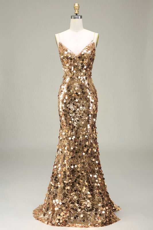 Sparkly Golden Mermaid Sequin Prom Dress With Slit