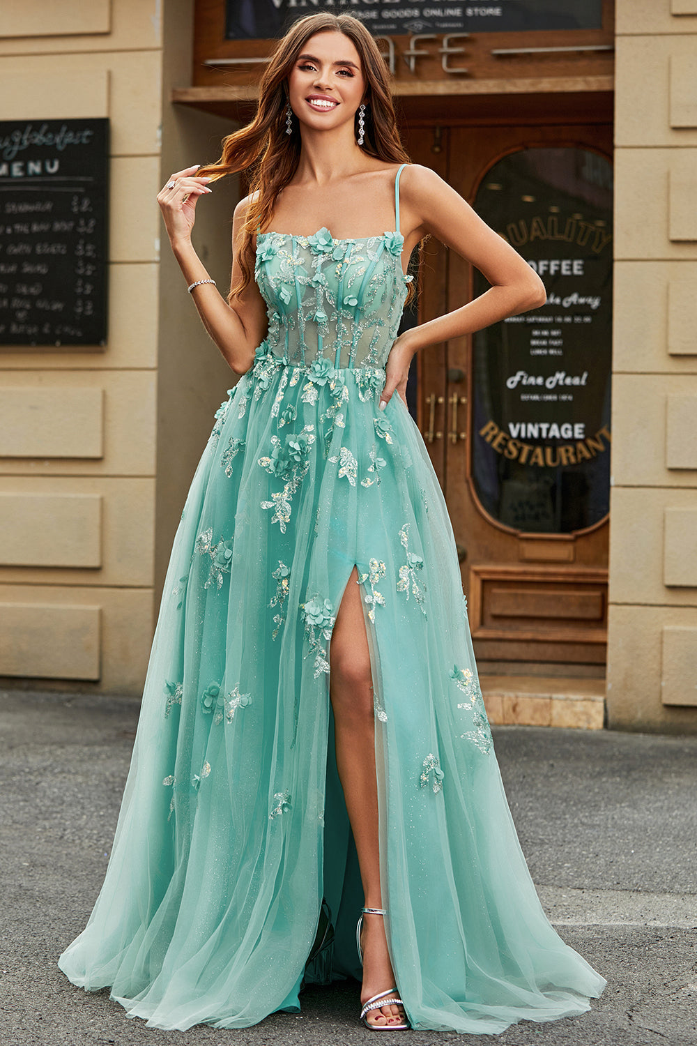 Zapaka Women Green Corset Prom Dress with Appliques A-Line Spaghetti Straps Long Party Dress, Green / US6 Zapaka Women Green Corset Prom Dress with Appliques A-Line Spaghetti Straps Long Party Dress, Green / US6
