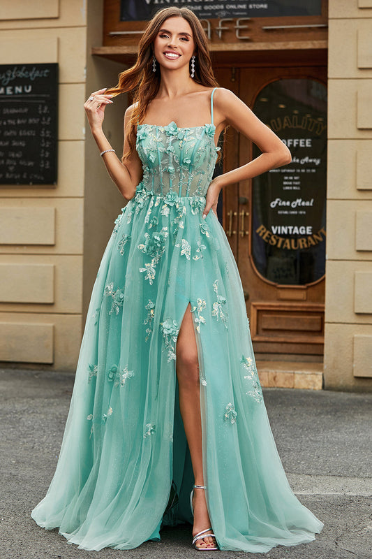 A-Line Green Tulle Corset Prom Dress with Appliques