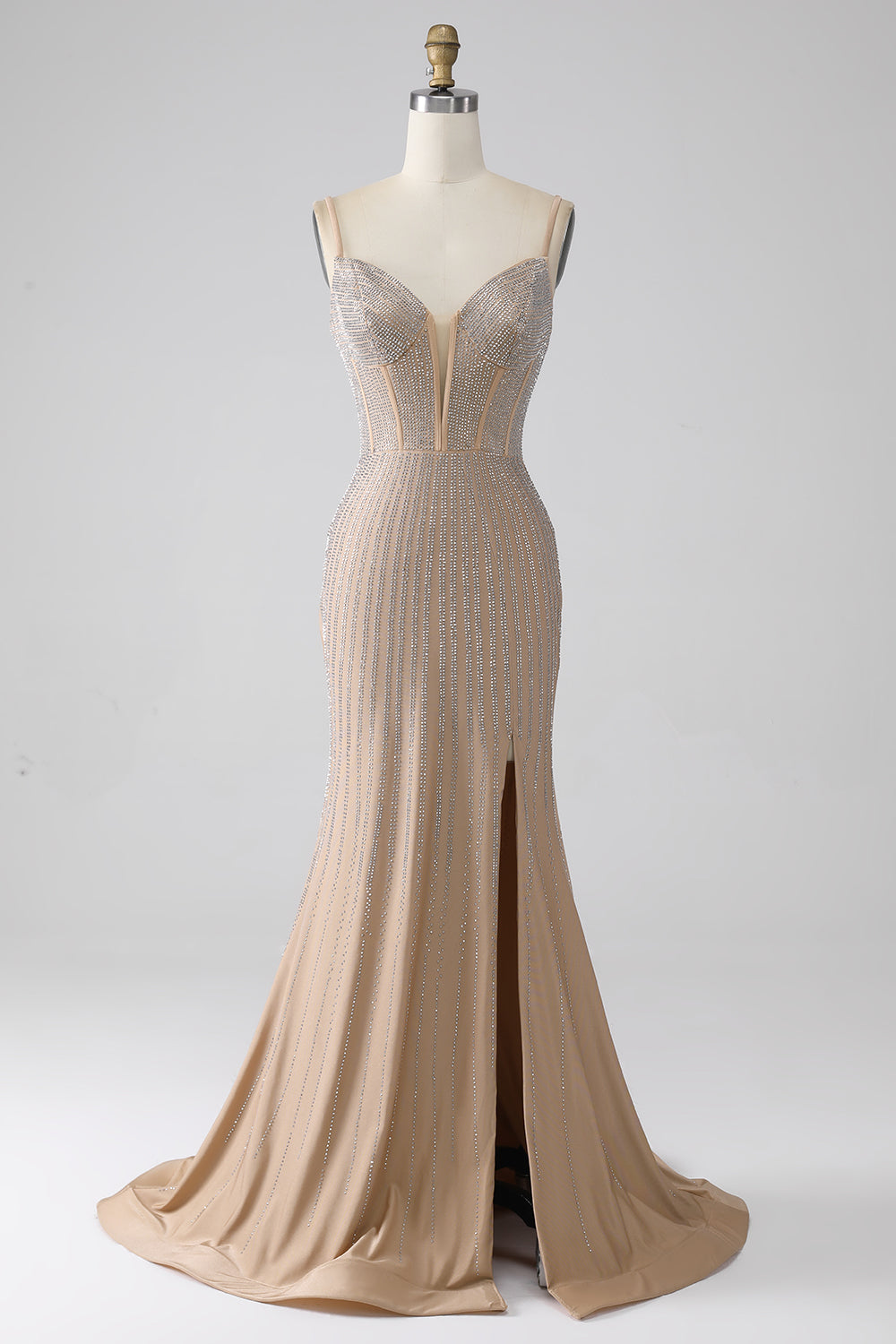 Zapakasa Women Sparkly Champagne Mermaid Spaghetti Straps Long Prom Dress with Slit Zapakasa Women Sparkly Champagne Mermaid Spaghetti Straps Long Prom Dress with Slit