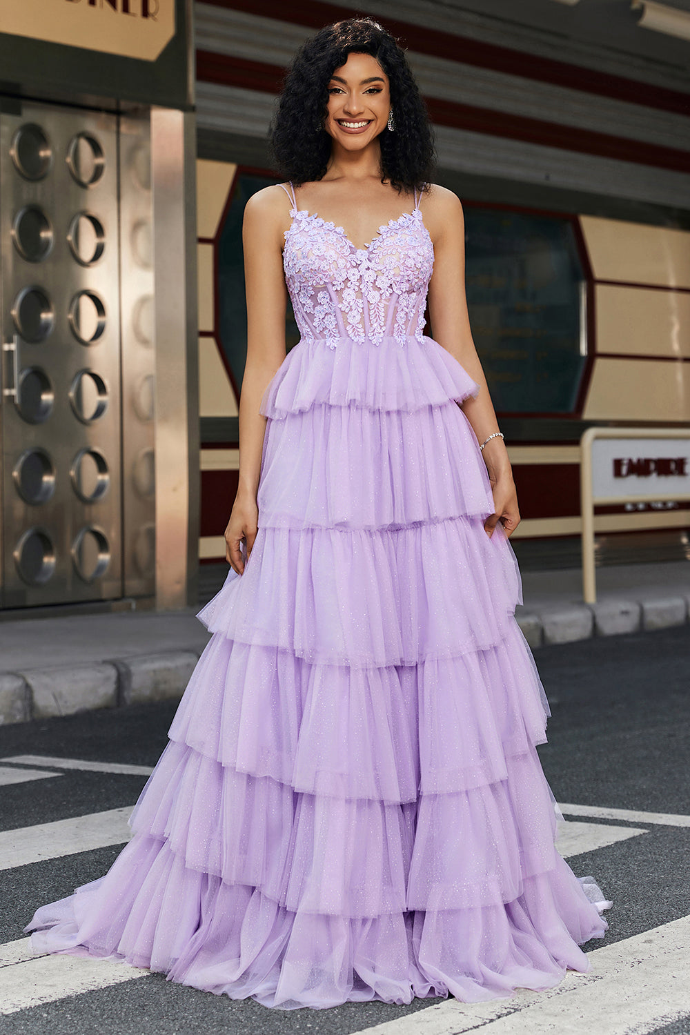 Zapakasa Women Lilac Tulle Tiered Princess Corset Prom Dress with