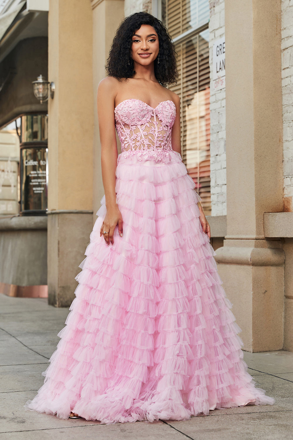 Zapakasa Women Pink A-Line Strapless Tiered Long Corset Prom Dress with Lace Zapakasa Women Pink A-Line Strapless Tiered Long Corset Prom Dress with Lace
