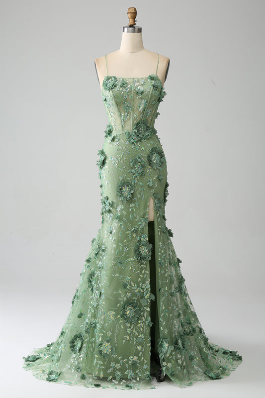 Mermaid Green Corset Prom Dress with Appliques