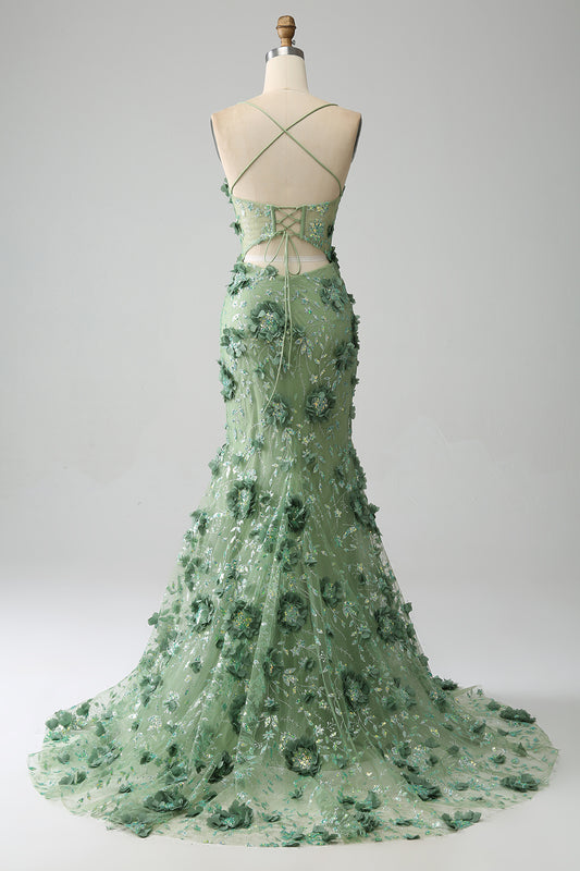 Mermaid Green Corset Prom Dress with Appliques