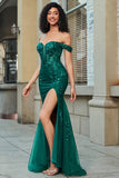 Stylish Mermaid Off the Shoulder Dark Green Corset Prom Dress with Split Front Stylish Mermaid Off the Shoulder Dark Green Corset Prom Dress with Split Front
