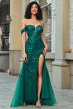 Stylish Mermaid Off the Shoulder Dark Green Corset Prom Dress with Split Front Stylish Mermaid Off the Shoulder Dark Green Corset Prom Dress with Split Front