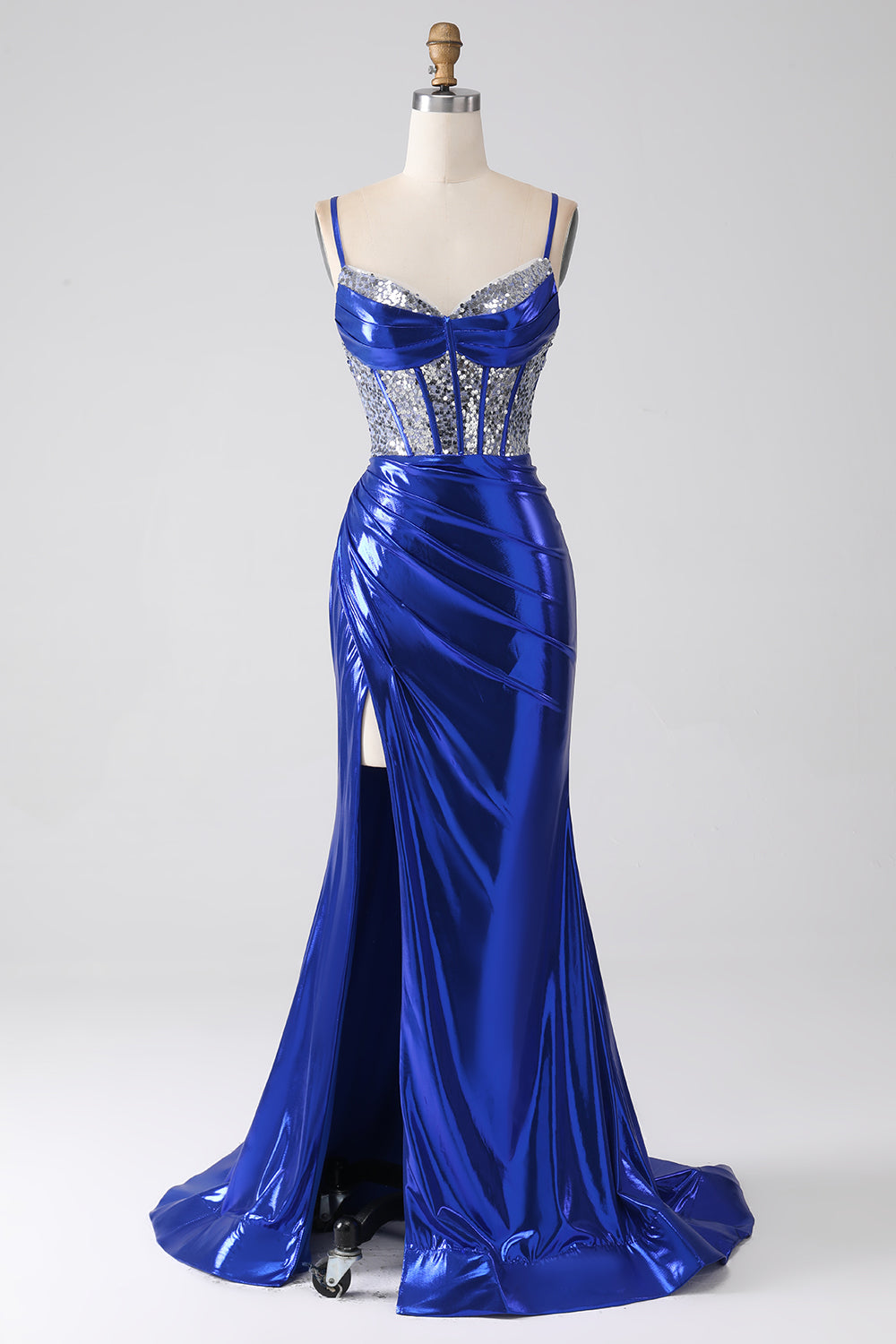 Royal Blue Mermaid Sparkly Sequin Pleated Corset Prom Dress With Slit Royal Blue Mermaid Sparkly Sequin Pleated Corset Prom Dress With Slit