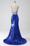 Royal Blue Mermaid Sparkly Sequin Pleated Corset Prom Dress With Slit Royal Blue Mermaid Sparkly Sequin Pleated Corset Prom Dress With Slit