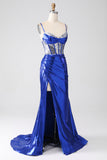 Royal Blue Mermaid Sparkly Sequin Pleated Corset Prom Dress With Slit Royal Blue Mermaid Sparkly Sequin Pleated Corset Prom Dress With Slit