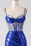 Royal Blue Mermaid Sparkly Sequin Pleated Corset Prom Dress With Slit Royal Blue Mermaid Sparkly Sequin Pleated Corset Prom Dress With Slit