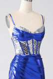Royal Blue Mermaid Sparkly Sequin Pleated Corset Prom Dress With Slit Royal Blue Mermaid Sparkly Sequin Pleated Corset Prom Dress With Slit