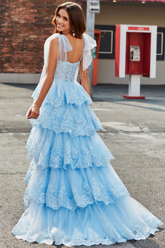 Tiered Tulle Sweetheart Bow Tie Straps Sequin Prom Dress with Appliques
