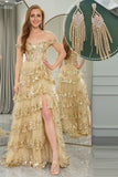 Princess A-Line Off The Shoulder Gold Tiered Prom Dress with Accessories Set Princess A-Line Off The Shoulder Gold Tiered Prom Dress with Accessories Set