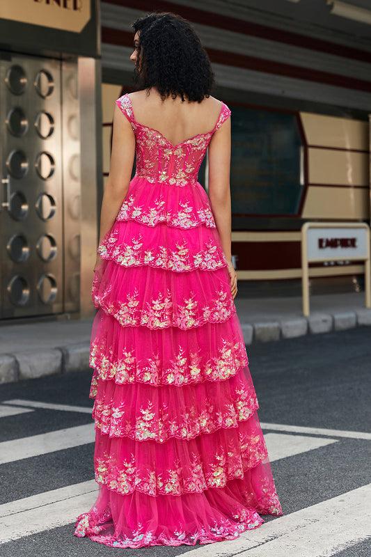 Trendy A Line Off the Shoulder Fuchsia Split Front Corset Prom Dress with Accessories Set