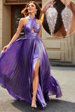 Stunning A Line Halter Neck Purple Long Prom Dress with Accessory Stunning A Line Halter Neck Purple Long Prom Dress with Accessory