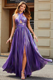 Stunning A Line Halter Neck Purple Long Prom Dress with Accessory Stunning A Line Halter Neck Purple Long Prom Dress with Accessory