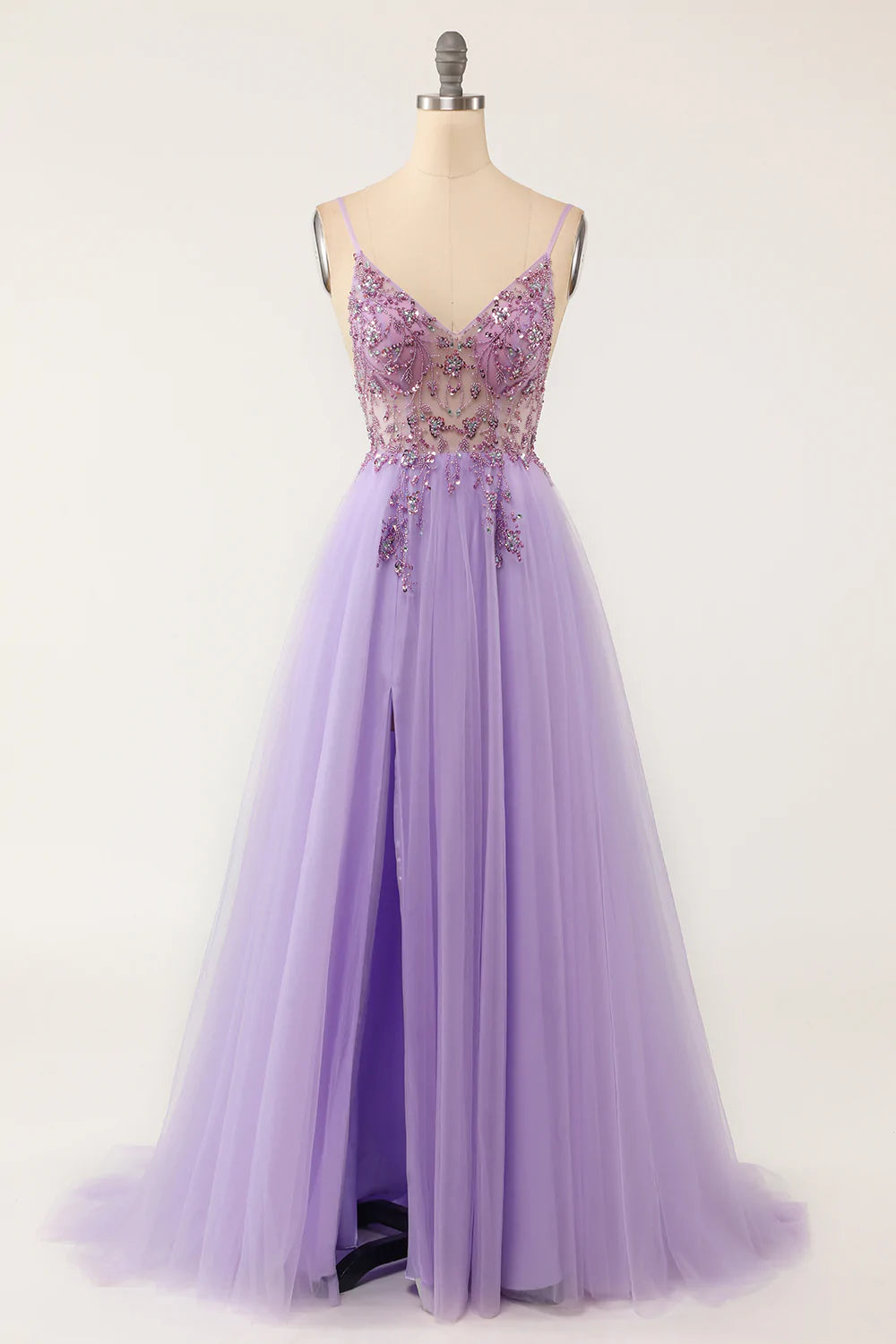 Zapakasa Women Purple Long Prom Dress A Line Spaghetti Straps Tulle Beaded Formal Dress