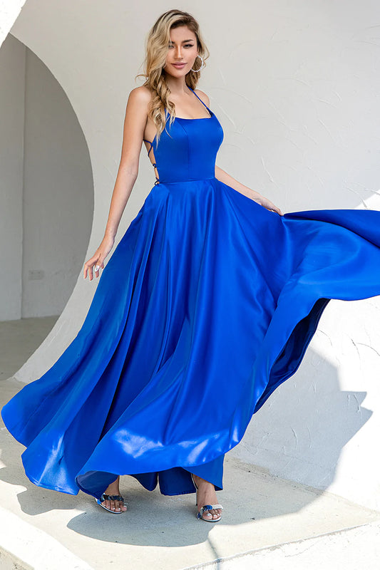 Royal Blue Backless Spaghetti Straps Satin Prom Dress