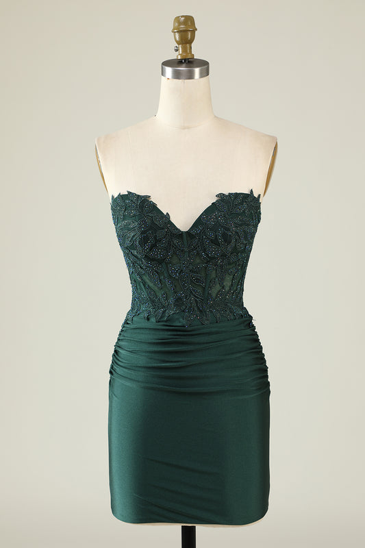 Strapless Dark Green Short Homecoming Dress with Beading