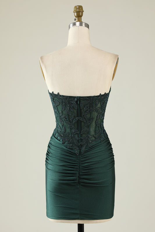 Strapless Dark Green Short Homecoming Dress with Beading