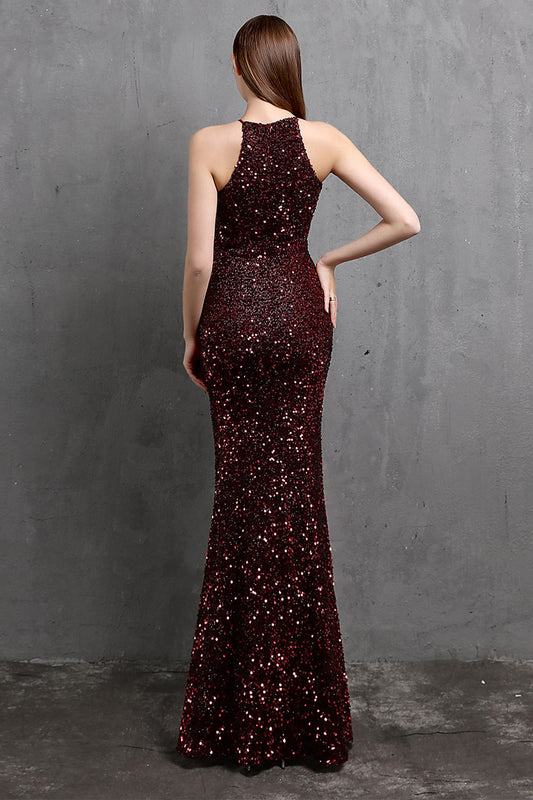 Burgundy Sequin Long Party Dress with Slit