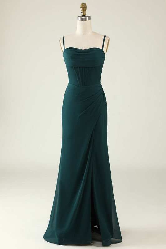 Dark Green Spaghetti Straps Wedding Guest Dress with Slit