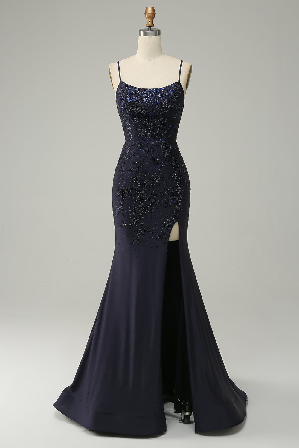 Zapakasa Women Navy Strapless Sweetheart Beaded Prom Dress with Split Zapakasa Women Navy Strapless Sweetheart Beaded Prom Dress with Split