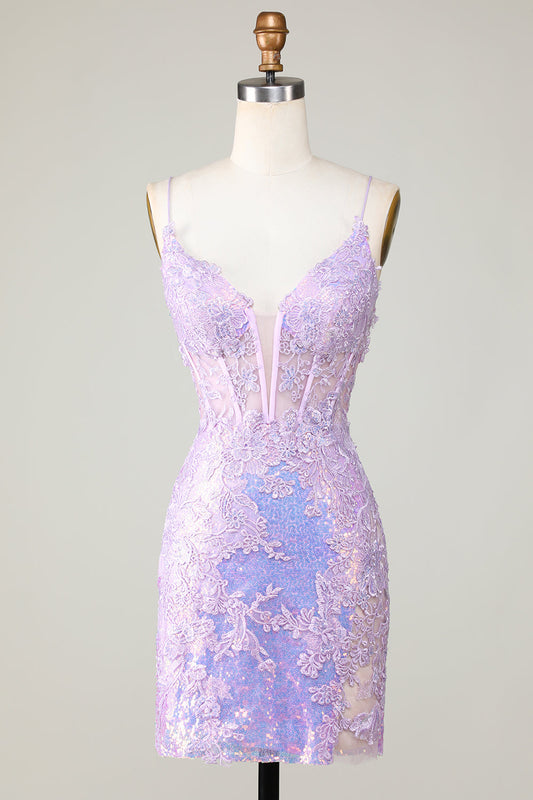 Bling Bodycon Spaghetti Straps Purple Corset Homecoming Dress with Criss Cross Back