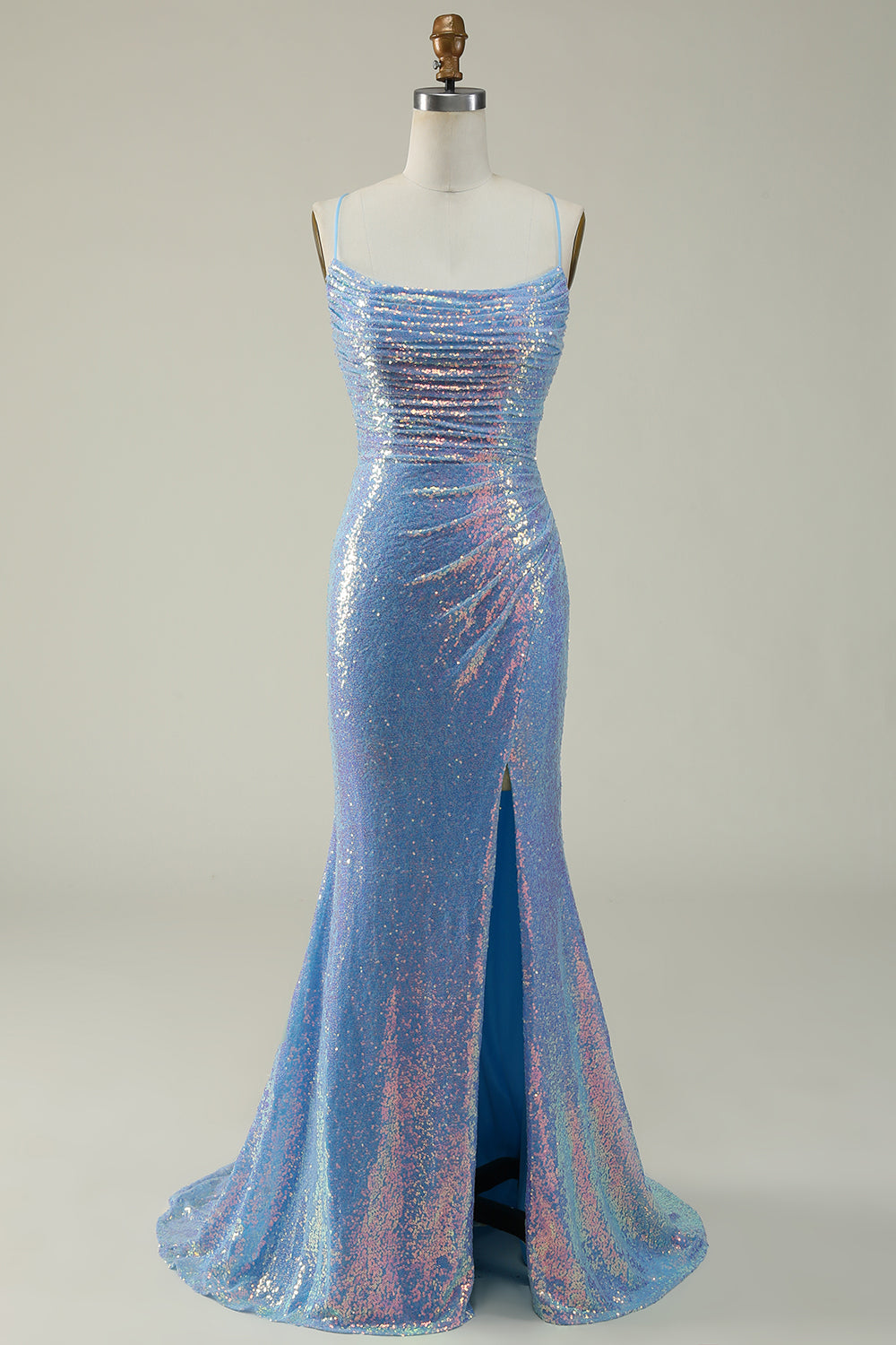 Zapakasa Women Blue Prom Dress Mermaid Sparkly Spaghetti Straps Evening Dress With Split Front Zapakasa Women Blue Prom Dress Mermaid Sparkly Spaghetti Straps Evening Dress With Split Front