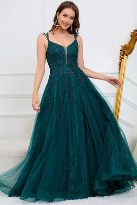 A Line Spaghetti Straps Dark Green Long Prom Dress with Appliques