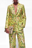 Blue 2 Piece Floral Notched Lapel Single Breasted Women Suits with Pockets