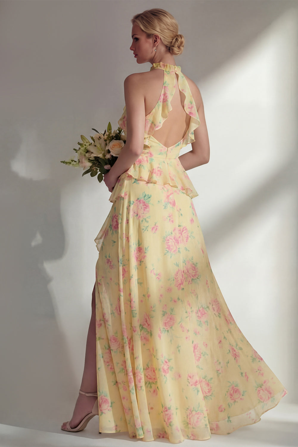 Blue Pink Flower A Line High Neck Ruffled Long Beach Bridesmaid Dress with Slit