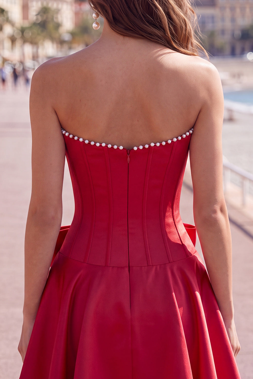 Peach Pink Corset Satin A-Line Short Homecoming Dress with Bow